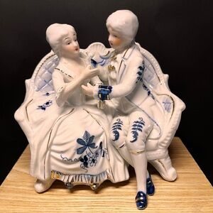 Victorian 18th Century Marie Antoinette King Louis Porcelain Blue Gold Figurine